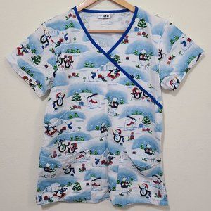 V-life Christmas Snow Penguin Scrub Top Blue Small